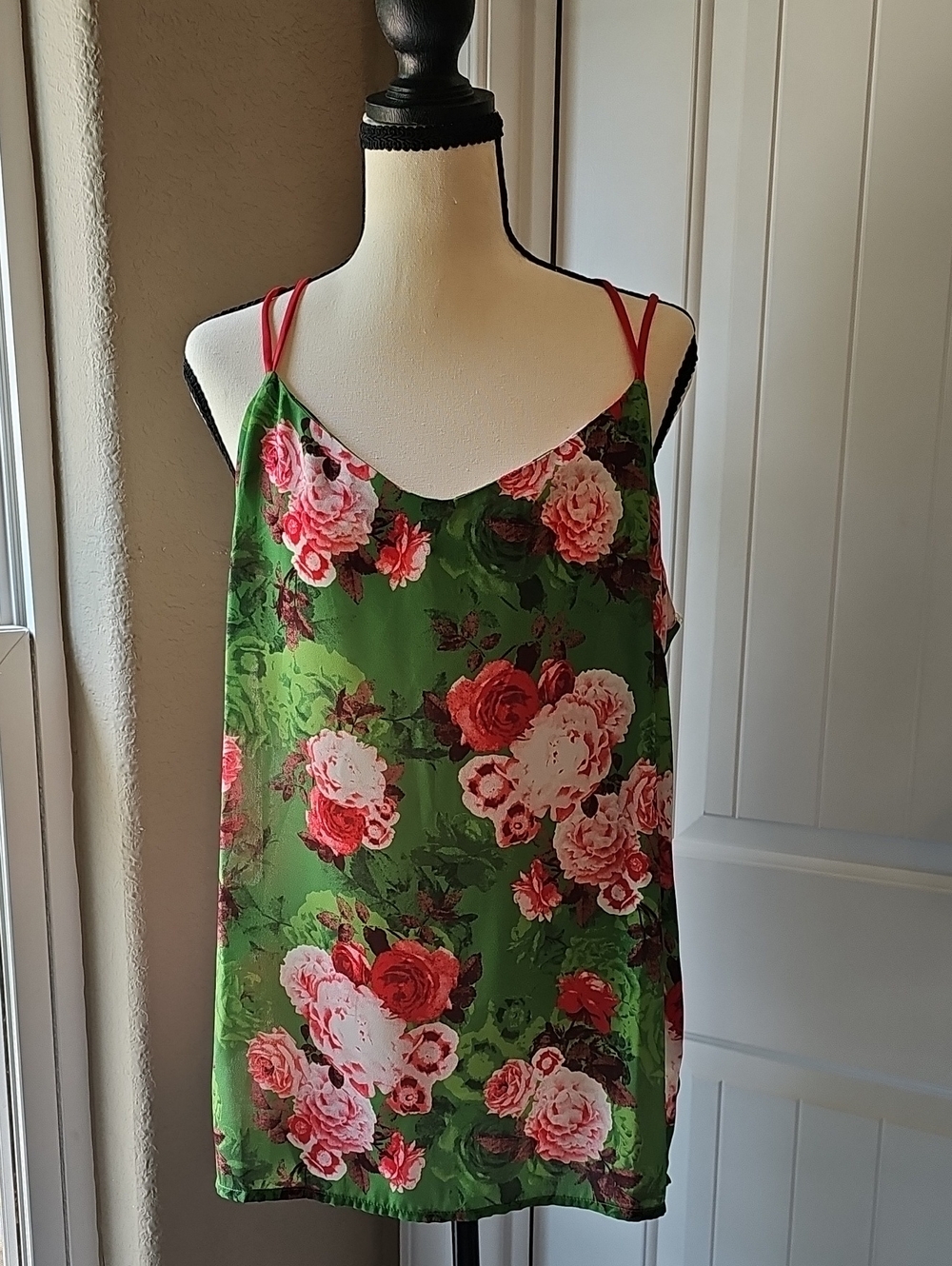 Green Floral Satin Cami with Rose Print and Red Straps